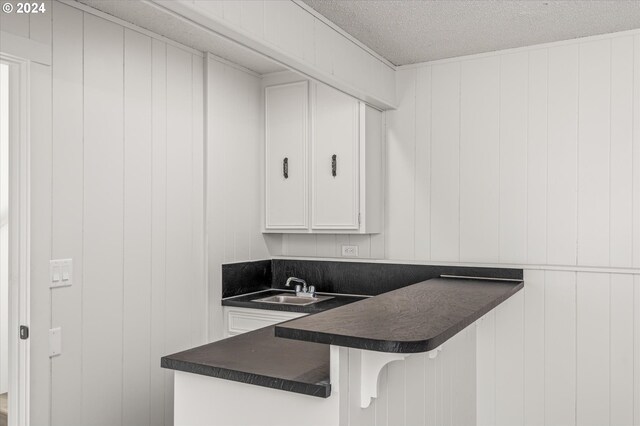 kitchen with sink, a textured ceiling, and white cabinets