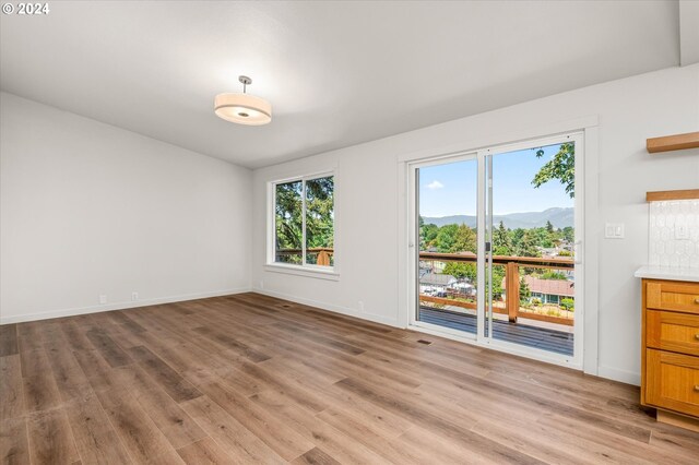 spare room with a mountain view and light wood-type flooring