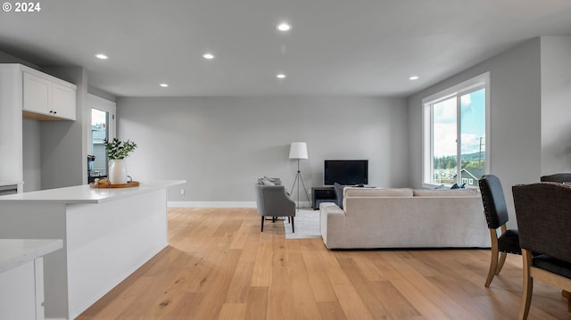 living area featuring baseboards, light wood-type flooring, and recessed lighting
