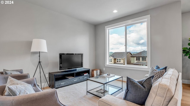 living area featuring baseboards, wood finished floors, and recessed lighting