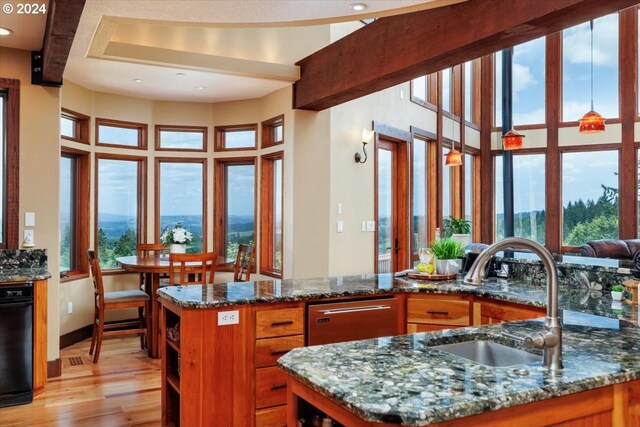 kitchen with decorative light fixtures, dishwasher, sink, dark stone counters, and light hardwood / wood-style floors