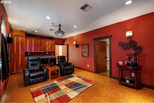 cinema room featuring a textured ceiling