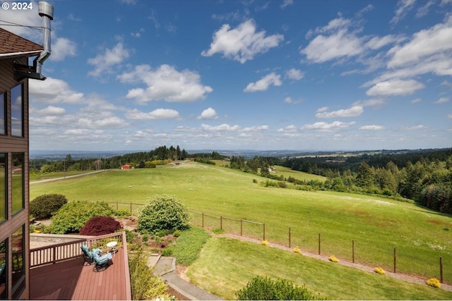 view of yard featuring a wooden deck and a rural view