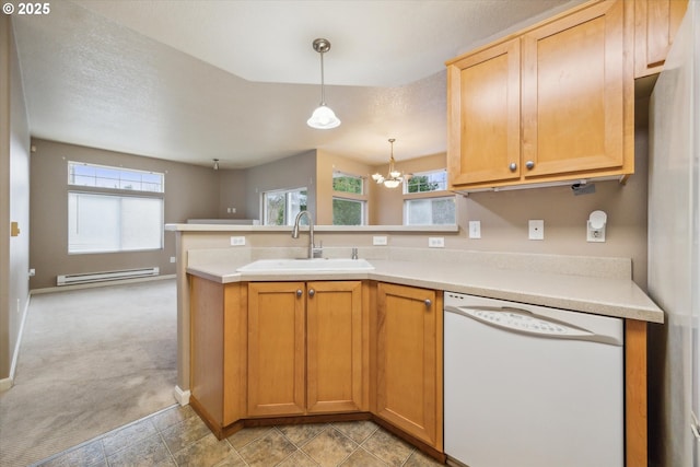 kitchen with light colored carpet, dishwasher, kitchen peninsula, sink, and baseboard heating