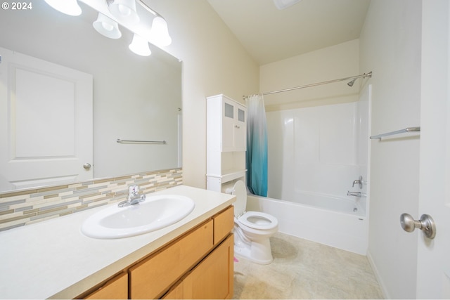 full bathroom featuring backsplash, toilet, shower / bath combo with shower curtain, vanity, and tile patterned flooring