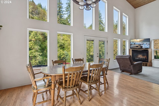 dining room featuring light hardwood / wood-style flooring, french doors, a towering ceiling, and a healthy amount of sunlight