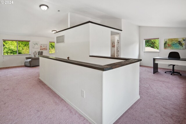 interior space featuring lofted ceiling, light carpet, and a healthy amount of sunlight