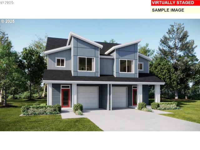 contemporary home featuring driveway, a shingled roof, an attached garage, and a front yard