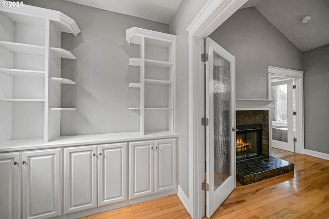 interior space featuring wood finished floors, baseboards, and a premium fireplace