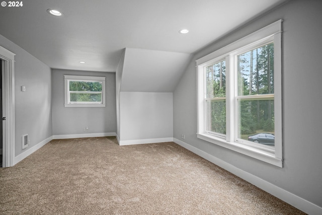 additional living space with a healthy amount of sunlight, vaulted ceiling, and light colored carpet