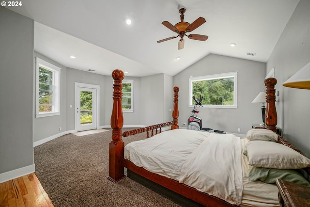 bedroom featuring visible vents, recessed lighting, baseboards, access to exterior, and vaulted ceiling