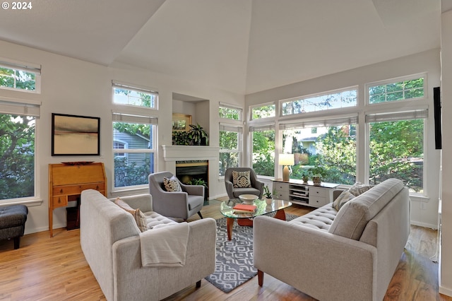 living room with light wood-type flooring and a high ceiling