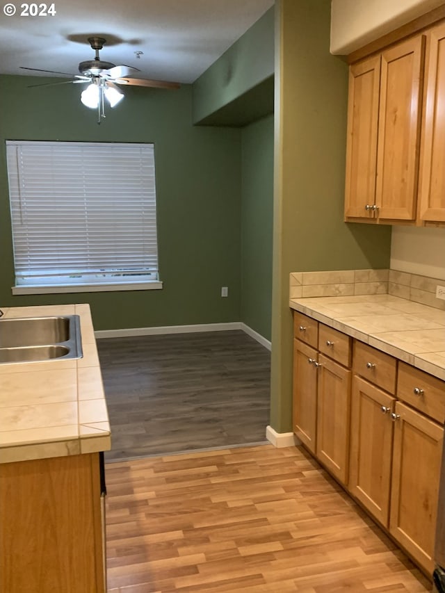10733 NE Red Wing Way Unit 101, Hillsboro, OR 97006 - kitchen with ceiling fan, light wood-type flooring, baseboards, a sink, and light countertops
