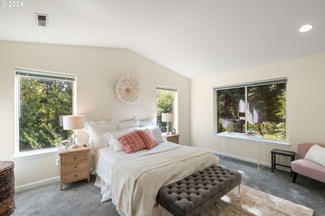 carpeted bedroom featuring lofted ceiling and multiple windows