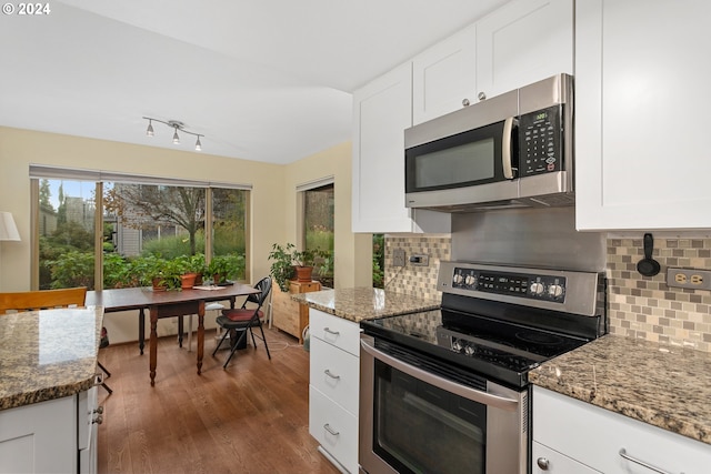 kitchen featuring white cabinets, dark hardwood / wood-style flooring, appliances with stainless steel finishes, and stone countertops