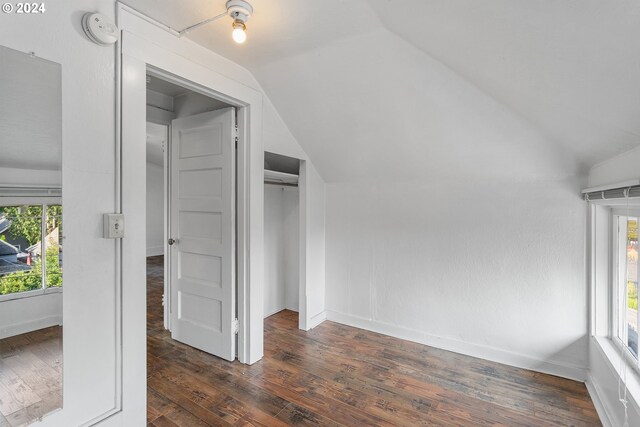 bonus room featuring vaulted ceiling, dark wood-type flooring, and plenty of natural light