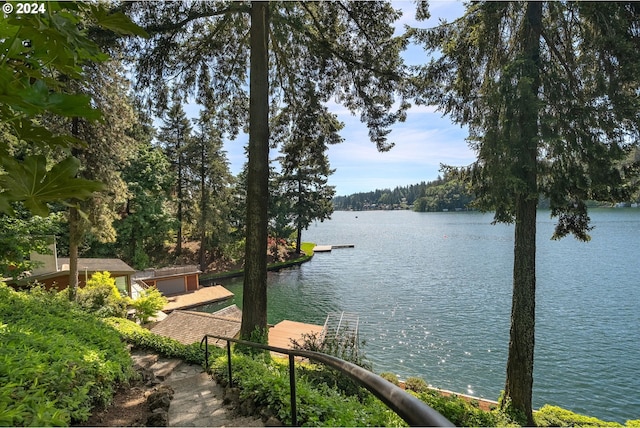 property view of water with a dock