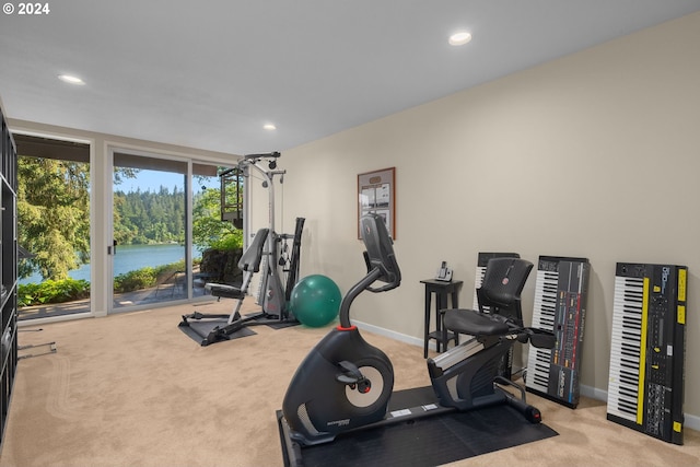 workout room with a water view and light colored carpet