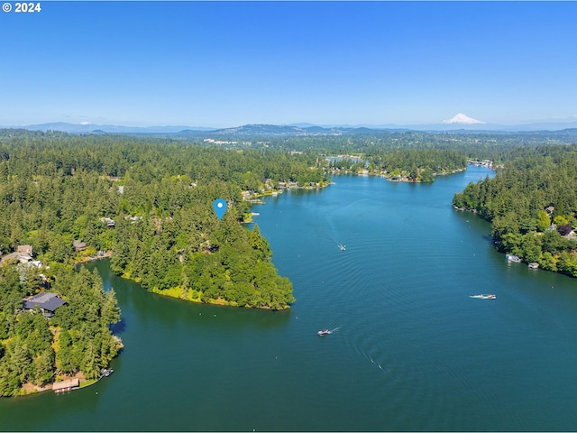 drone / aerial view featuring a water and mountain view