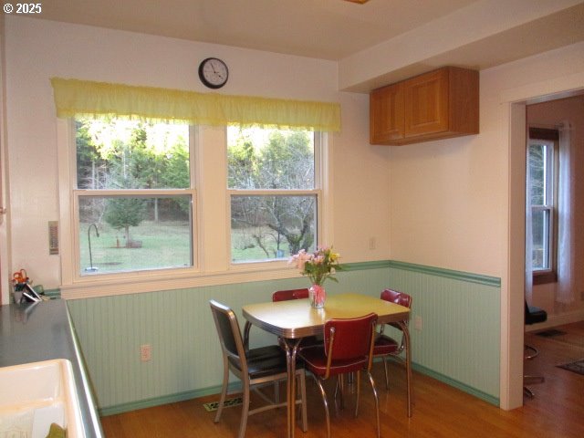 dining space with hardwood / wood-style floors