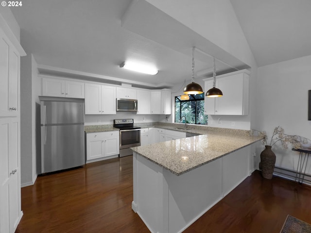 kitchen featuring white cabinetry, stainless steel appliances, dark hardwood / wood-style floors, kitchen peninsula, and decorative light fixtures