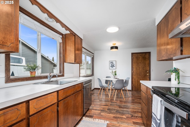 kitchen featuring range hood, a sink, light countertops, black electric range, and dishwasher