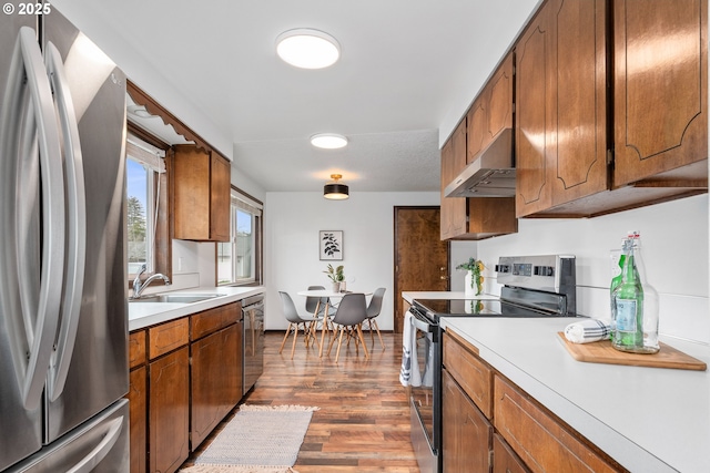 kitchen with brown cabinets, under cabinet range hood, a sink, stainless steel appliances, and light countertops