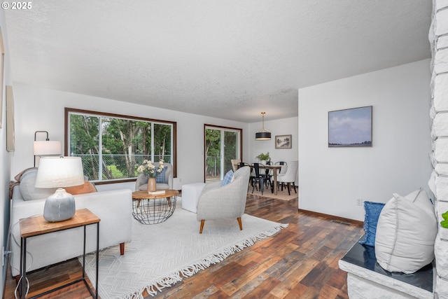 living room with baseboards, a textured ceiling, and wood finished floors