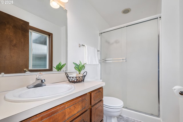 bathroom with vanity, toilet, and a shower stall