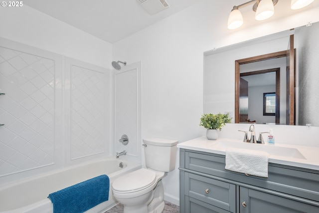 bathroom with visible vents, toilet, shower / bath combination, and vanity