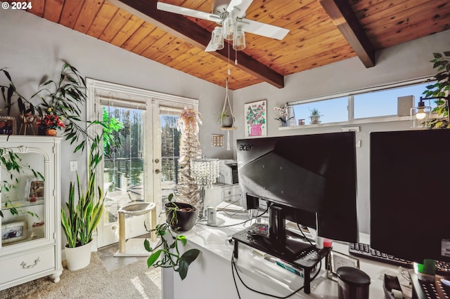 office space with beam ceiling, ceiling fan, carpet, and wood ceiling