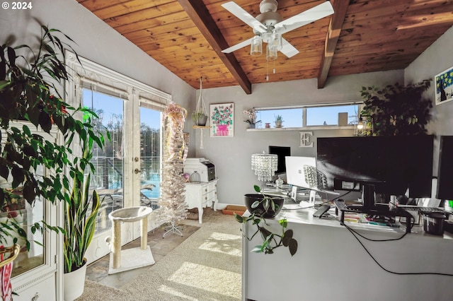 office space featuring beamed ceiling, ceiling fan, and wooden ceiling