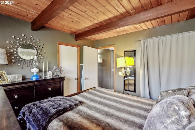 bedroom featuring beam ceiling and wooden ceiling