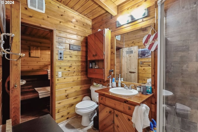 bathroom featuring beam ceiling, vanity, wooden walls, and wood ceiling