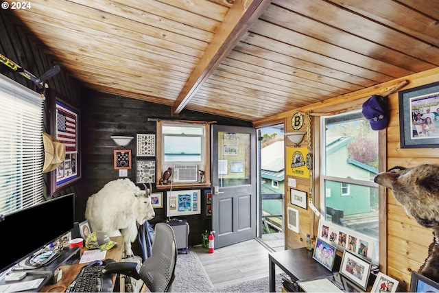 office area with lofted ceiling with beams, wood walls, plenty of natural light, and wood ceiling