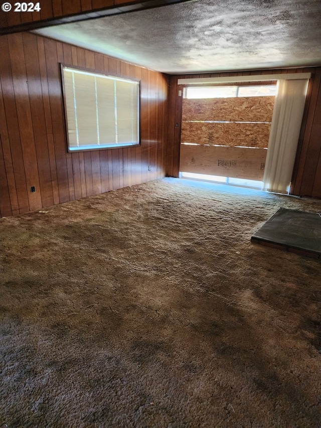 carpeted spare room with wooden walls and a textured ceiling