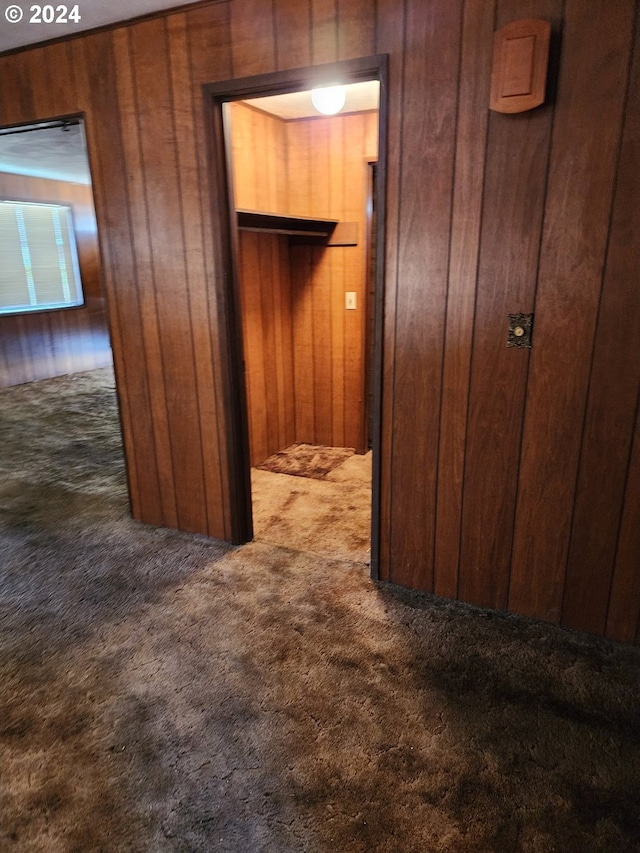 hallway with wood walls and dark carpet