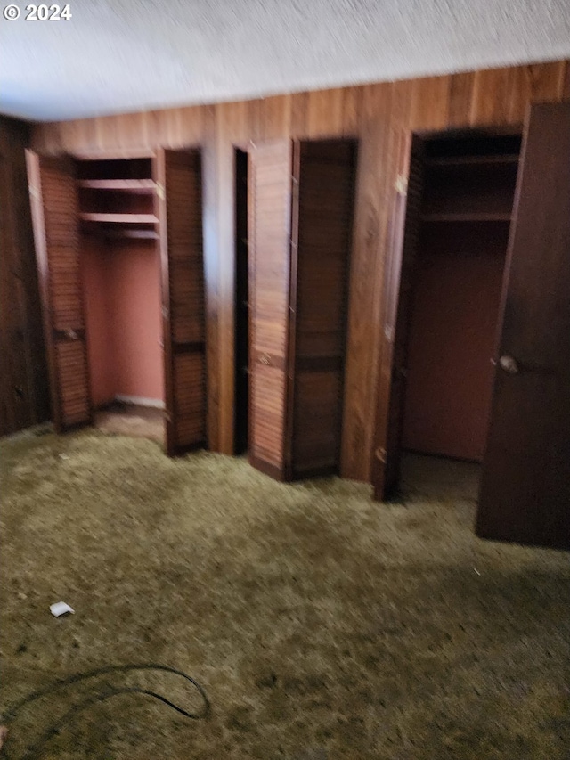 unfurnished bedroom featuring wood walls, carpet flooring, and multiple closets