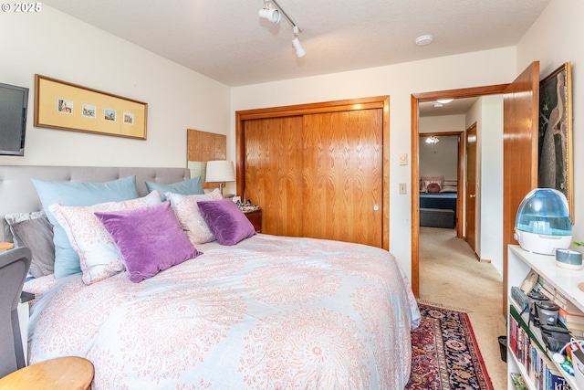 bedroom featuring carpet floors, track lighting, and a closet