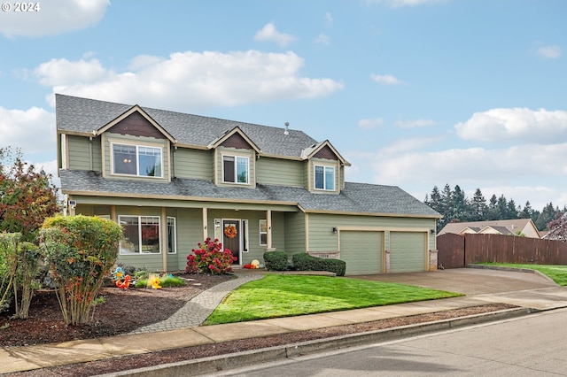 view of front of property featuring a front lawn and a garage