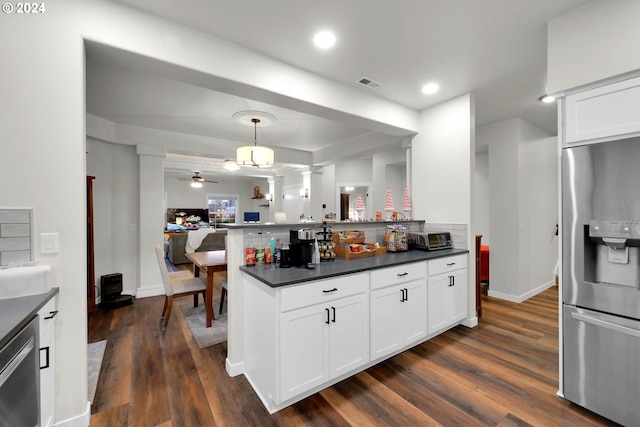 kitchen featuring ceiling fan, white cabinets, stainless steel appliances, and dark hardwood / wood-style floors