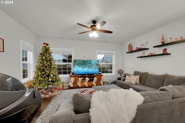 living room with hardwood / wood-style flooring and ceiling fan