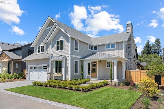 1218 9th St Lot 3, West Linn, OR 97068 - view of front facade with board and batten siding, a standing seam roof, roof with shingles, and a chimney