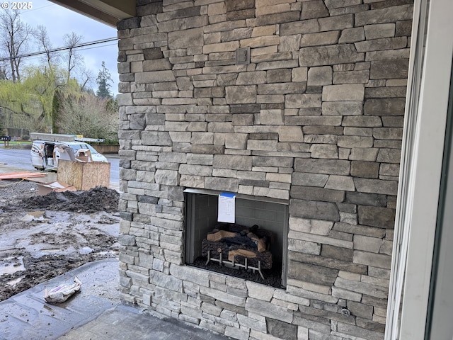 detailed view of an outdoor stone fireplace