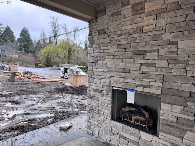 exterior view of an outdoor stone fireplace
