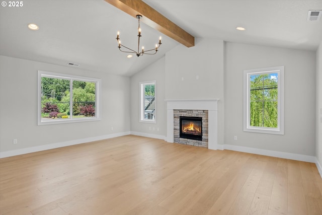 1218 9th St Lot 3, West Linn, OR 97068 - unfurnished living room with light wood-style floors, a chandelier, a fireplace, baseboards, and recessed lighting