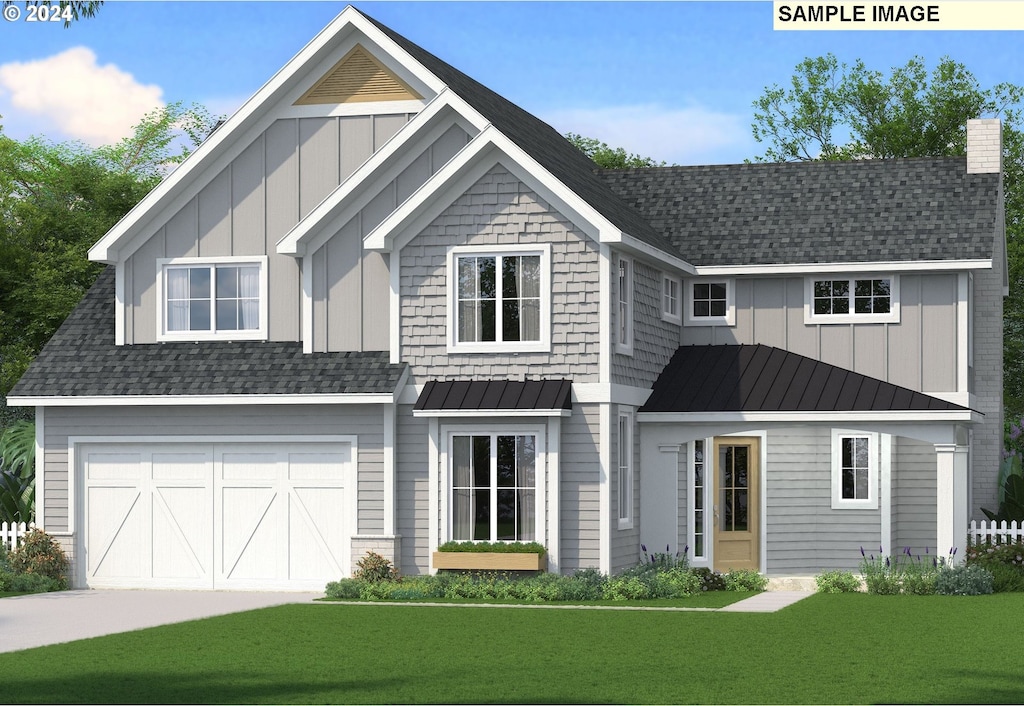 view of front facade featuring board and batten siding, a standing seam roof, and a front lawn