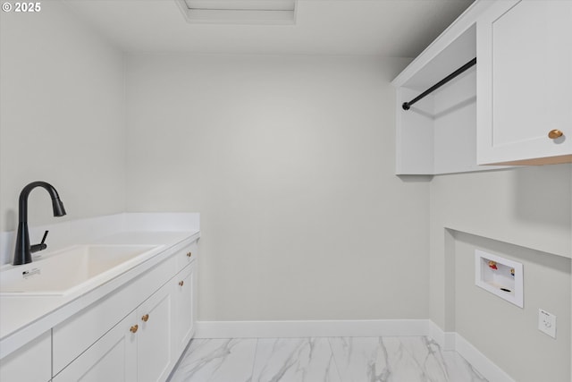1218 9th St Lot 3, West Linn, OR 97068 - laundry area with washer hookup, baseboards, light marble finish flooring, and attic access