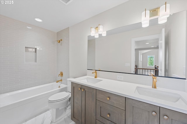 1218 9th St Lot 3, West Linn, OR 97068 - full bathroom featuring double vanity, toilet, marble finish floors, shower / washtub combination, and recessed lighting