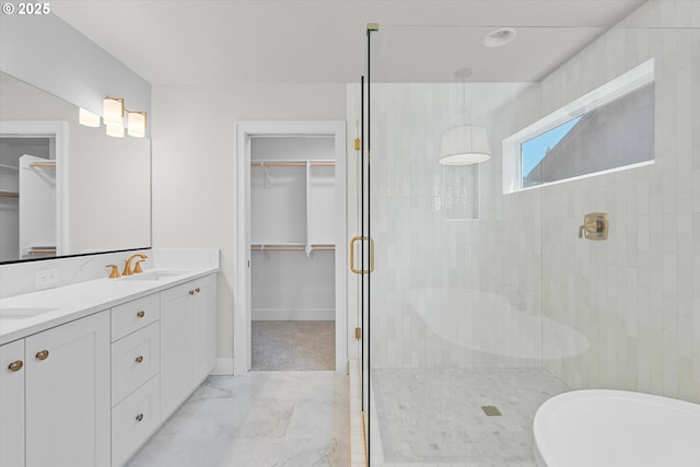 1218 9th St Lot 3, West Linn, OR 97068 - bathroom with a stall shower, double vanity, a walk in closet, marble finish floors, and a soaking tub